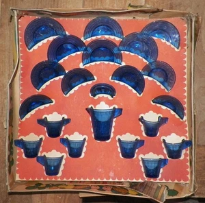 Chiquita Toy Dish Set Cobalt Blue Glass 22 Pc in OB Pressman NY Childs Tea Set - Picture 1 of 12