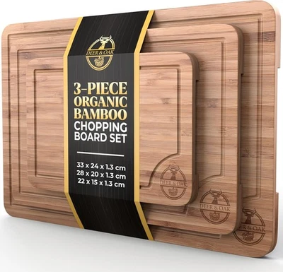 Deer & Oak 3-Piece Bamboo Chopping Board Set, Pre-Oiled Wooden Cutting Chopping