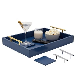 Wooden Coffee Table Serving Tray with Handles and Coasters for Ottoman Blue - Picture 1 of 10