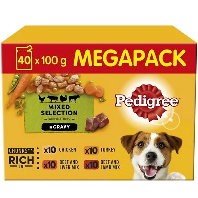 40 x 100g Pedigree Adult Wet Dog Food Pouches Mixed Variety in Gravy Mega Pack - Image 1 of 4