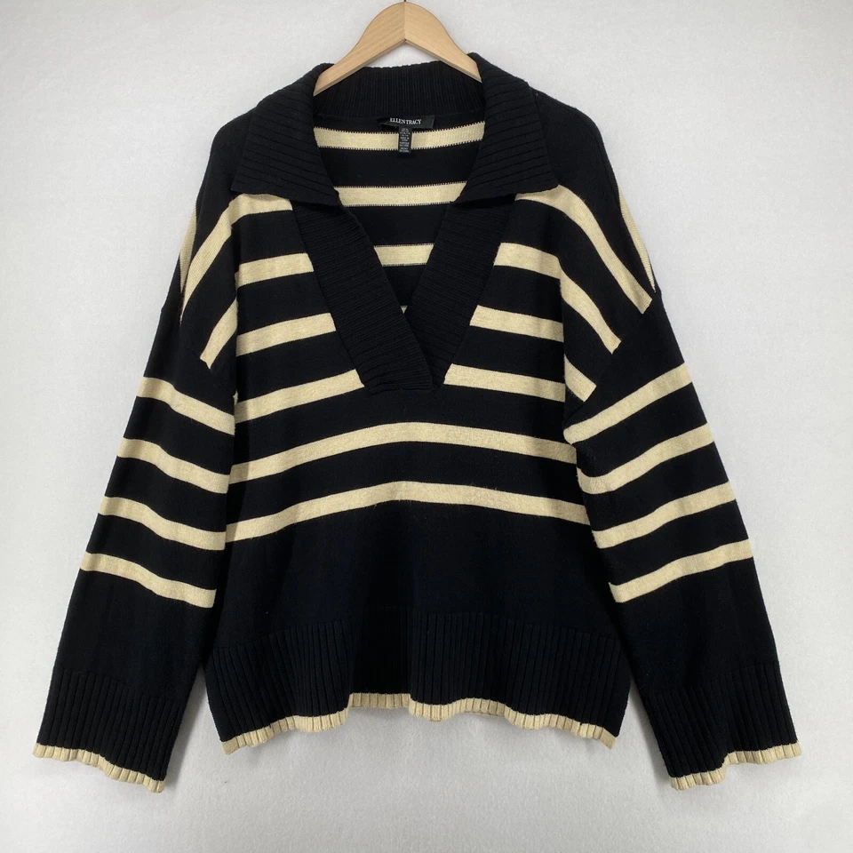 ELLEN TRACY 毛衣 XL 领 V 领舒适条纹套衫套衫蓝色 — 第 1/4 张图片