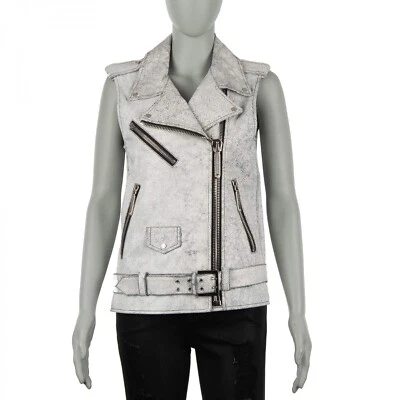 PHILIPP PLEIN COUTURE Chaleco de Cuero con Cremallera Chaqueta GOING CRAZY Blanco S 07965 Foto 1 de 4
