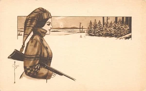 C Ryan~Lovely Lady Hunter Approaches Woods in Snow~Gun Under Arm~Stocking Cap - Picture 1 of 2