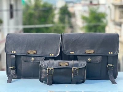 Cuero 3 Bolsas Alforjas Sillín 3 Bolsas 13" Alforjas Motocicleta Bolsa Grande Negro Foto 1 de 4