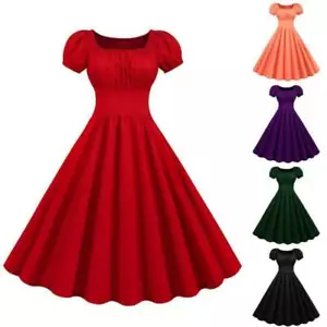 Womens 50s 60s Vintage Solid Skater Dress Evening Rockabilly Party Swing Dresses - Picture 1 of 17