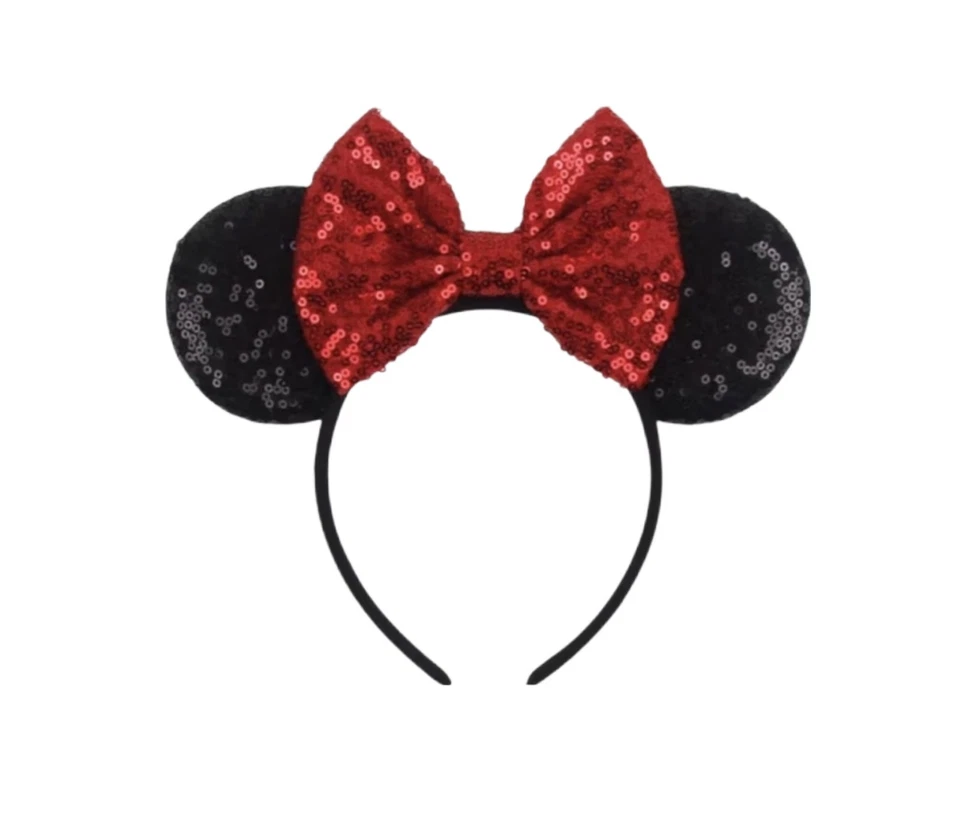 Tiara de Natal Minnie Ears lantejoulas vermelhas arco preta feita à mão  - Imagem 1 de 2