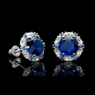 3CT Round Cut Lab Created Blue Sapphire Halo Stud Earrings 14K White Gold Plated - Image 1 of 4