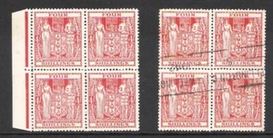 NEW ZEALAND ARMS 1940 & 49 TYPE 4/- ORANGE-RED BLOCKS DUO (HM Z32d / U Z32c) - Picture 1 of 2