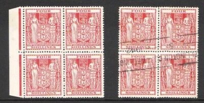 NEW ZEALAND ARMS 1940 & 49 TYPE 4/- ORANGE-RED BLOCKS DUO (HM Z32d / U Z32c) - Image 1 of 2