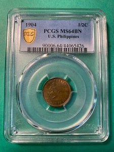 US PHILIPPINES HALF CENTAVO 1904 PCGS MS 64 BN - Picture 1 of 4