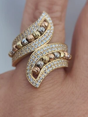 wide solid 14k Yellow White Rose Gold Beads Ring  - Image 1 of 4