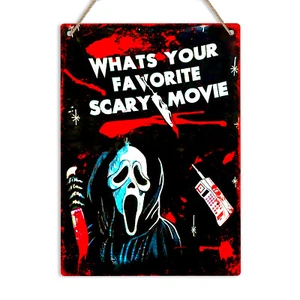 WHAT'S YOUR FAVORITE SCARY MOVIE Metal Tin Sign Ghostface Quote Halloween Horror - Picture 1 of 14