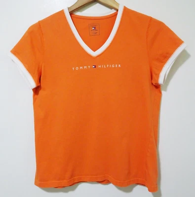 Camiseta L Vintage Años 90 Y2K Tommy Hilfiger Naranja Blanco Timbre Para Mujer Cuello en V L Foto 1 de 4