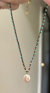 Pearl Turquoise Seed Bead Quartz 14k Gold Filled Necklace Silk Sundance Catalog - Picture 1 of 8