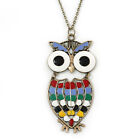 Oversized Multicoloured Enamel Owl Pendant With Long Bronze Tone Chain - 80cm
