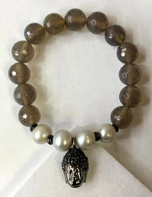 HSN Rarities Sterling Gemstone Bead & Pearl With Buddha Charm Stretch Bracelet - Image 1 of 4