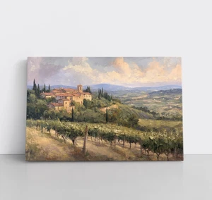 Impresión de pintura de viñedo de pueblo toscano sobre lienzo enmarcado arte de pared rústico vintage - Imagen 1 de 15