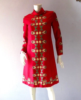 1960s Vtg Sabina of India / Lord & Taylor Embroidered Silk A Line Dress sz S 4 6 - Image 1 of 4