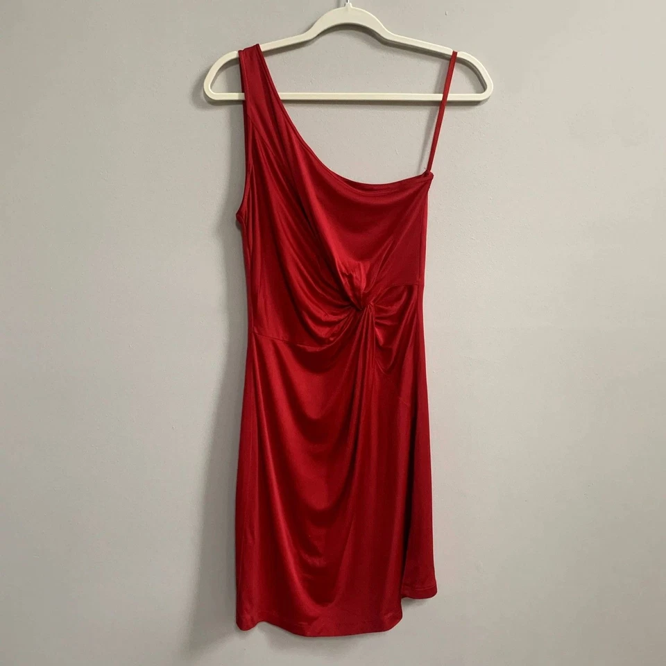 Laila Azhar Silk One Shoulder Dress Ruched Waist Short Red Medium Y2K Holiday  - Image 1 of 4