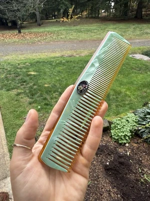 Pente de celulóide vintage design floral vaidade 7,75” azul verde art déco novo - Imagem 1 de 4