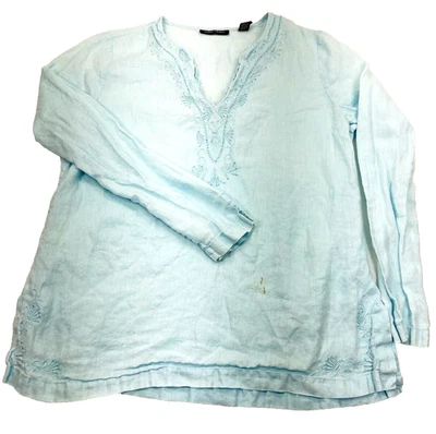 Туника льняная Valerie Stevens топ вышитая цвет морской волны синий размер XL прозрачная фея хиппи богемное - Изображение 1 из 4
