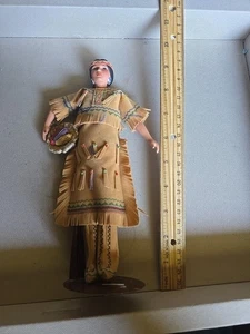 Vtg Native American Indian Squaw 9” Stand Traditional Buckskin Beads Basket Corn - Picture 1 of 13