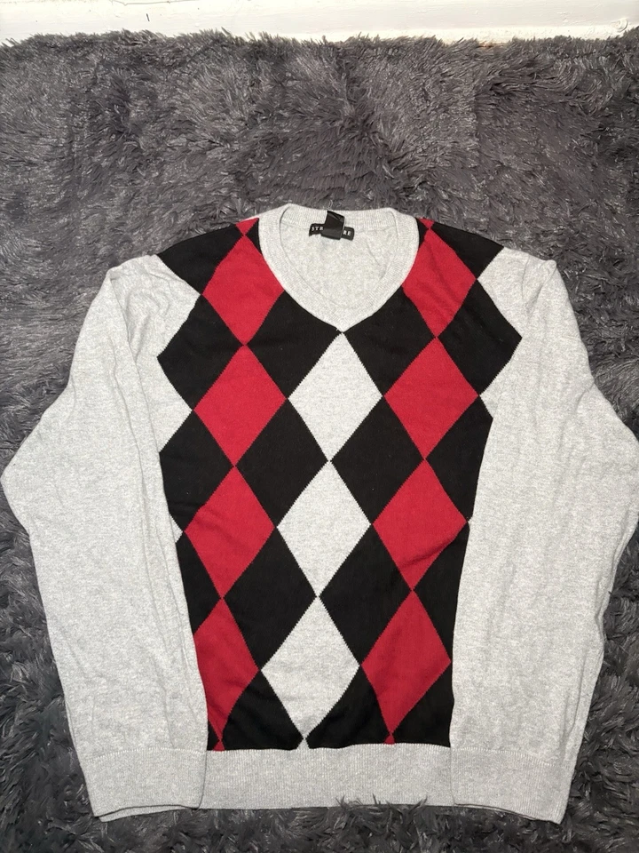 Men’s Structure XXL Argyle Sweater V-Neck Gray/Red/Black Classic Knit - Image 1 of 3