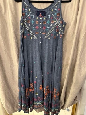 Vestido sin mangas Johnny Was XL azul bordado boho mezcla de algodón midi sin mangas Foto 1 de 3