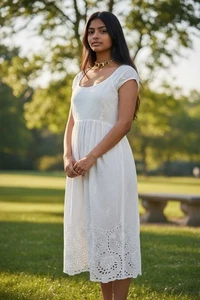 Theory Babydoll Dress Sz 4 Cap Sleeve Eyelet Midi Neutral Minimalist Office Chic - Picture 1 of 18