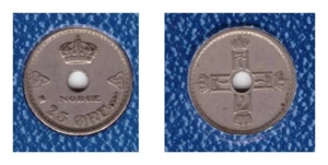 25 Öre, 1939, (K-N), vz, Wert, Krone, mit Loch, RS: Monogramm im Kreuz, Norwegen - Bild 1 von 1