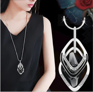 Damen Halskette Mode Schmuck Collier Anhänger Silber lang Kette Mode Collier - Bild 1 von 10