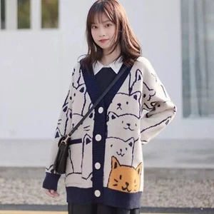 Japanische Kawaii Cartoon V-Ausschnitt gemütliche Strickjacke süß Kätzchen Katze Strickpullover Medium - Bild 1 von 16