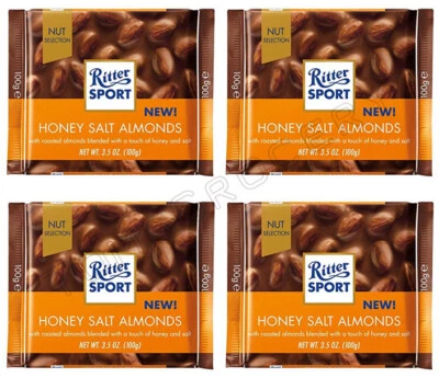 4 x RITTER SPORT Miel Sal Almendras Sabor Chocolate Alemán Barritas Dulces 100g Foto 1 de 3