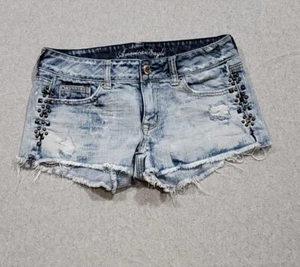 American Eagle Womens Cutoff Denim Shorts Size 2 Distressed Studded Acid Wash - Picture 1 of 11
