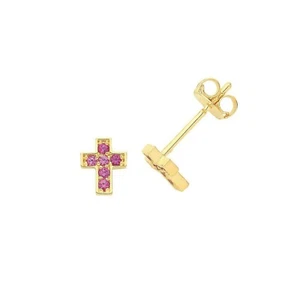 Ruby Cross Stud Earrings Yellow Gold Natural Stone 375 Hallmark New Boxed - Picture 1 of 2