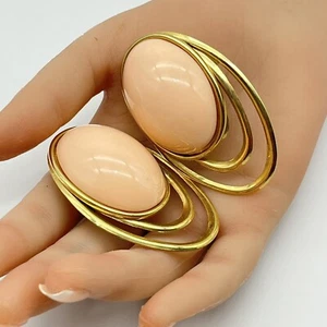 Oversized Pink Pierced Earrings Gold Tone Pageant Drag Retro Statement HUGE - Picture 1 of 5
