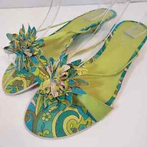 Vintage Sesto Meucci Green Turquoise Flower Kitten Heel Slide Sandal 8.5 Italy