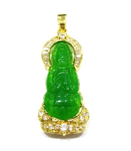 Genuine Green Jade +Cubic Zirconia Guanyin Bodhisattva Kwan-yin Pendant Necklace - Picture 1 of 9