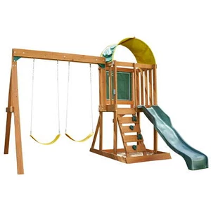 Wooden Swing Set Outdoor Playground Slide Chalk Wall Sandbox Rockwall Backyard - Picture 1 of 24