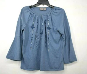 Chicos Womens Blue Keyhole Neck Sequin Embroidered Bell Sleeve Top Blouse 1 - Picture 1 of 7