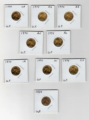 1974 US cents (8) Gold Plated State Stamped set in uncirculated condition +bonus - Image 1 of 2