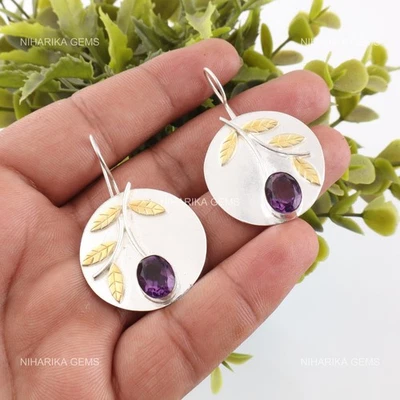 Ovale Pietra Ametista Moglie Pendente Art Déco Gancio Natale Orecchini Argento - Immagine 1 di 4