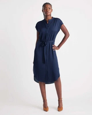 Quince Washable Stretch Silk Midi Shirt Dress NEW XL Navy Blue Belt Stretch - Image 1 of 4