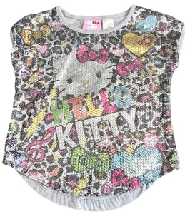 Hello Kitty M (7/8) Sequin Front Heather Grey Back T-shirt Top Multicolor Shiny - Picture 1 of 6