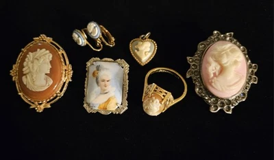 Vintage Costume Jewelry Cameo Lot Ring Portrait Pin Brooch Earrings Pendant 6pcs - Image 1 of 4