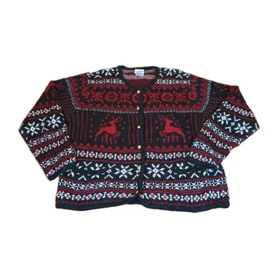 De Colección Liz Baker L Feo Navidad Suéter Cárdigan Reno Nordic Fair Isle Rojo Foto 1 de 4