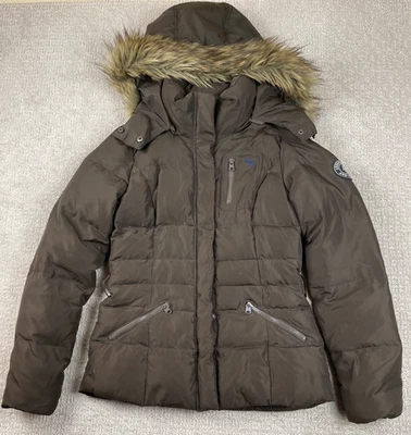 Y2K Abercrombie Fitch Puffer Jacket Womens M Down Fill Parka Fur Hood Babydoll - Image 1 of 4