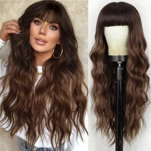 Brown Wig with Bangs Long Wavy Wig with Dark Roots for Women Curly Wavy Wig S... - Picture 1 of 7