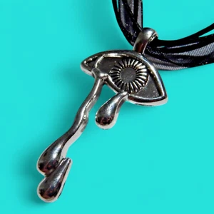 CRYING EYE CHOKER silvertone evil mystic eye black ribbon necklace goth tears 6W - Picture 1 of 5