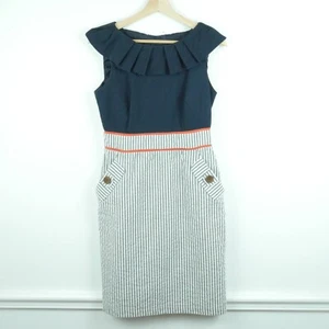 2010s Size 6 Dress Twee Ruffle Officecore Seersucker Ruffle Preppy Nautical Navy - Picture 1 of 6